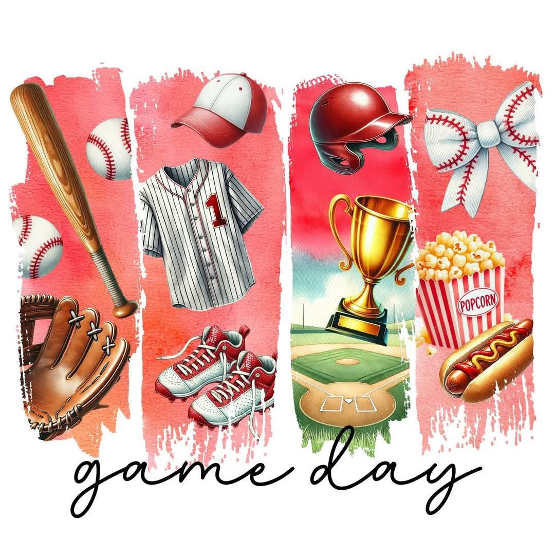 Illustrations of baseball-themed items on a red background with 'game day' text.