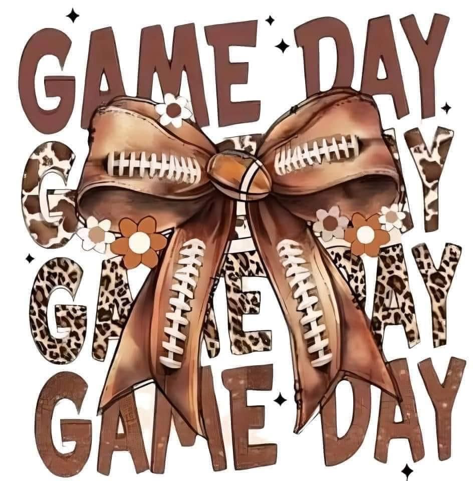 Decorative design with 'Game Day' text and a large bow featuring football patterns on a white background.
