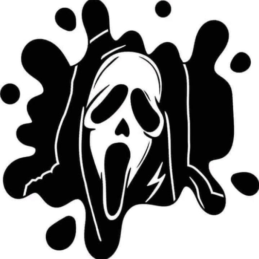 Ghost face logo with black splashes on a white background