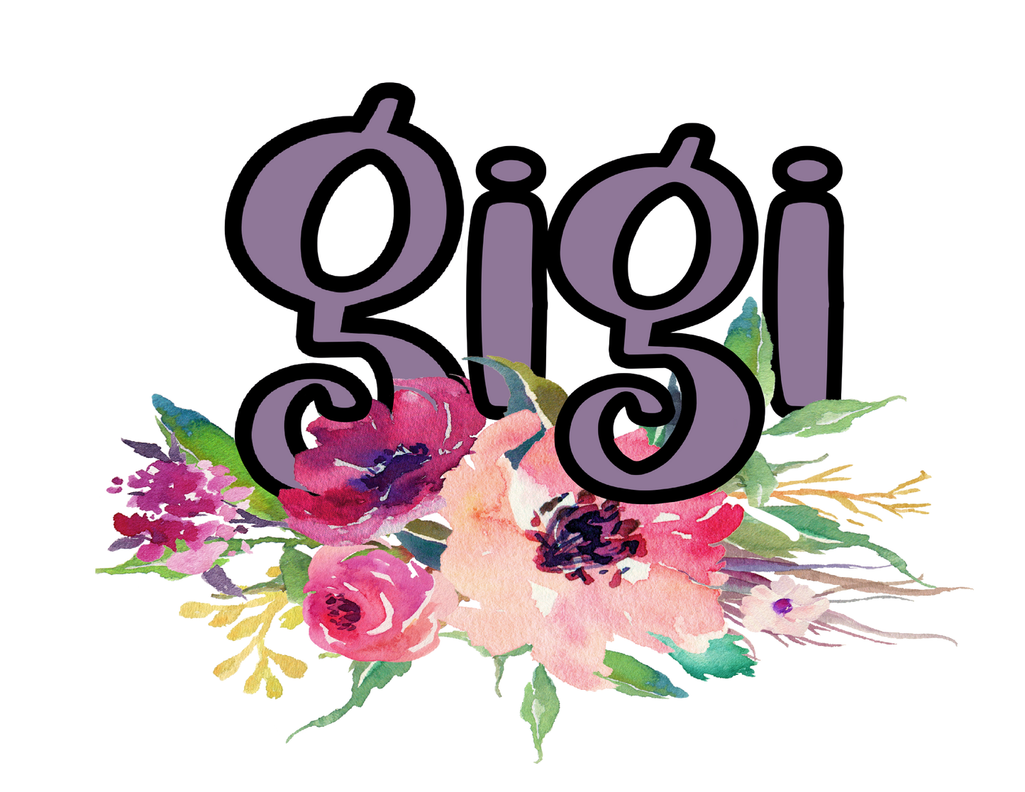 The word 'Gigi' in a decorative font with colorful flowers on a white background