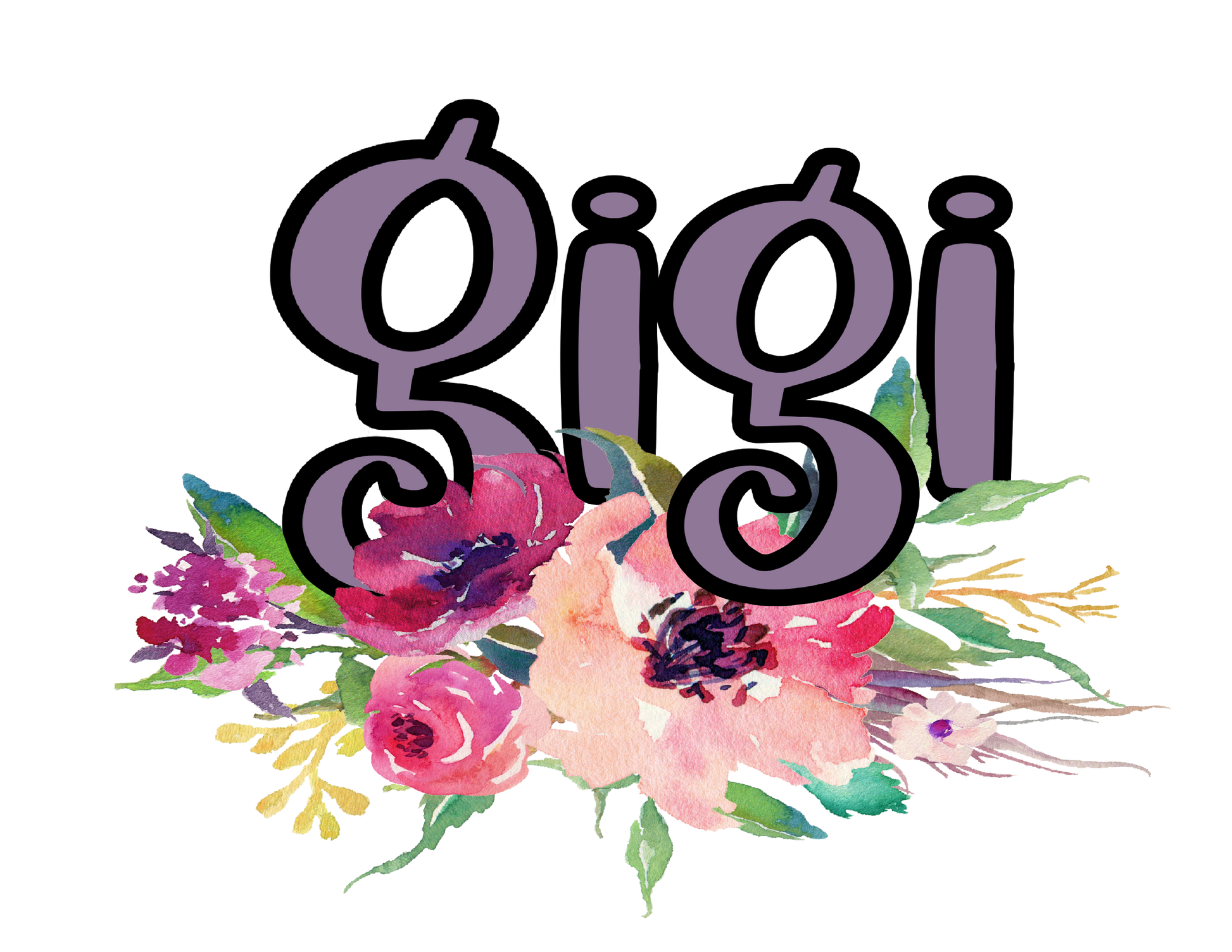 The word 'Gigi' in a decorative font with colorful flowers on a white background