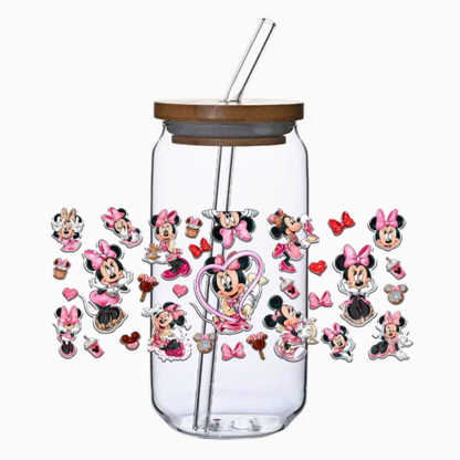 Clear tumbler with wooden lid and straw, surrounded by a cute love mouse on a white background