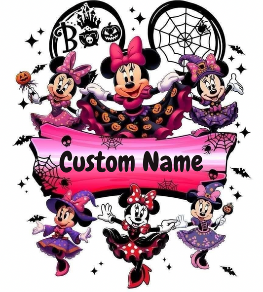 Cartoon characters in Halloween costumes with a 'Custom Name' banner.