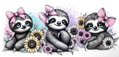 Three sloths with pink bows surrounded by flowers on a white background