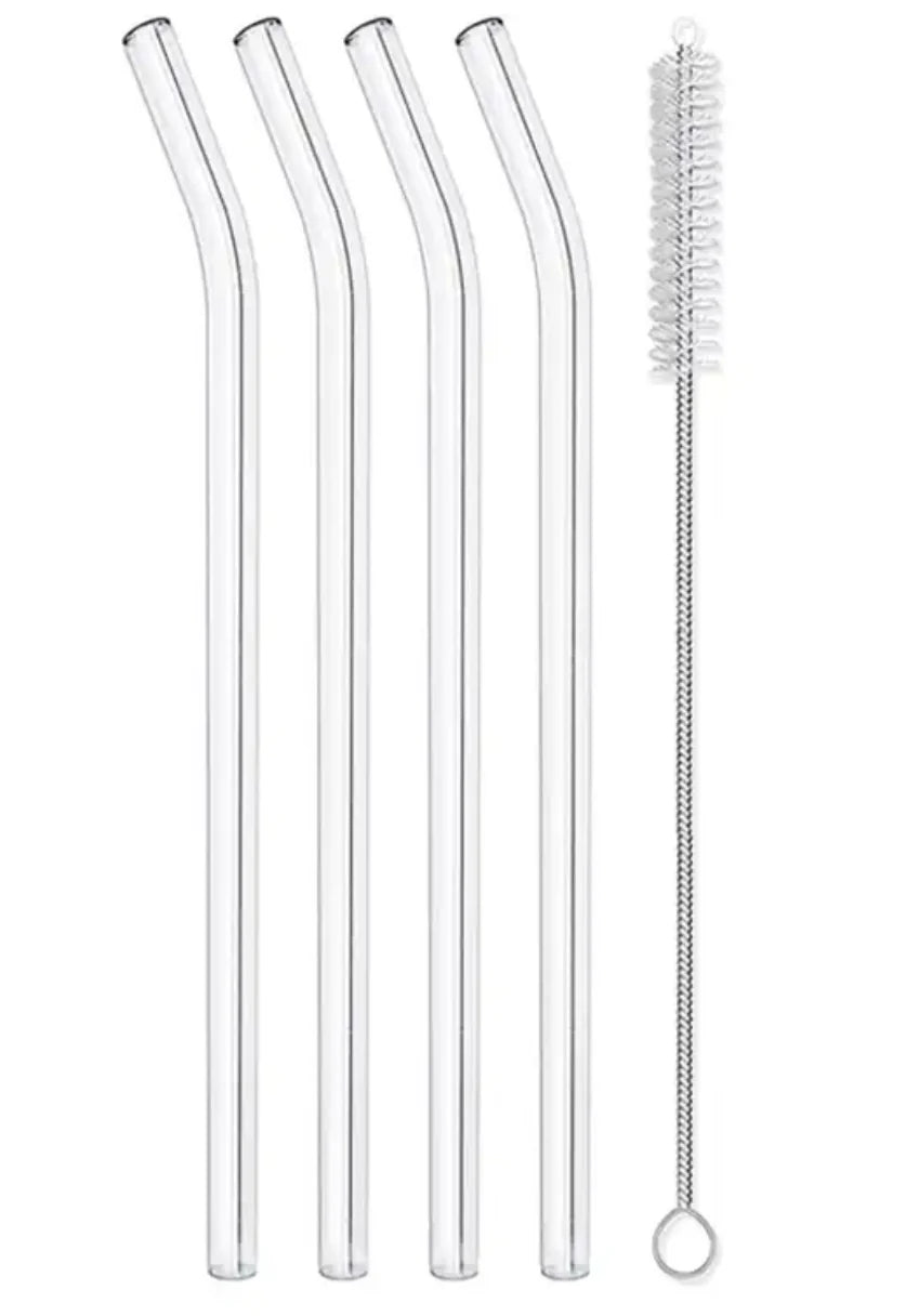 A set of clear glass bent straws with a cleaning brush.