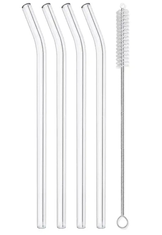 A set of clear glass bent straws with a cleaning brush.