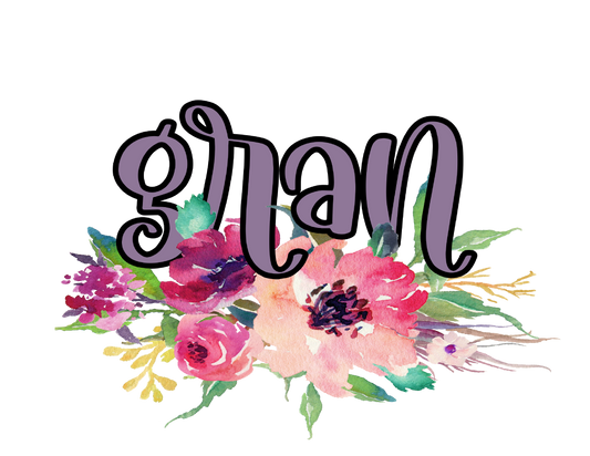 Colorful floral design with the word 'gran' on a white background