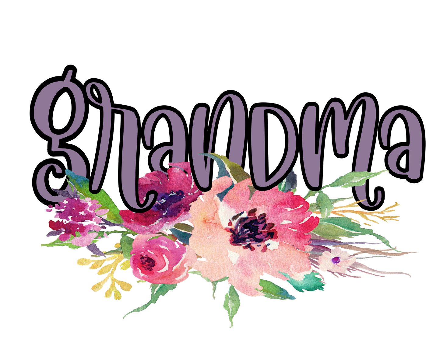 Colorful floral design with the word 'Grandma' on a white background