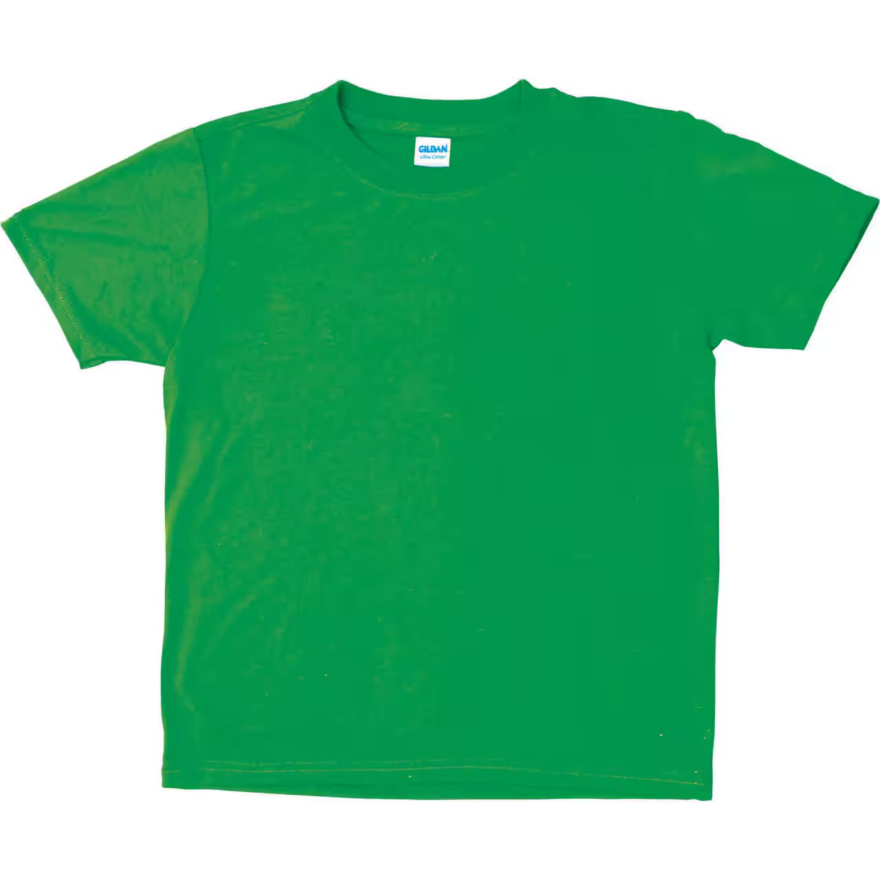 Green t-shirt with a brand label on a white background