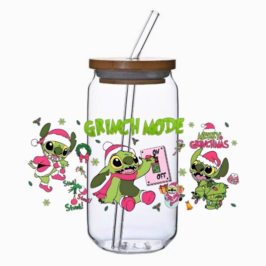 Clear tumbler with Christmas-themed design and 'Grumpy Mode' on a white background