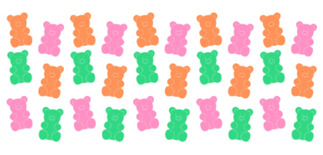 A collection of colorful gummy bear shaped decals in pink, orange, and green, arranged in rows on a white background.