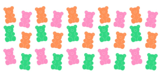 A collection of colorful gummy bear shaped decals in pink, orange, and green, arranged in rows on a white background.