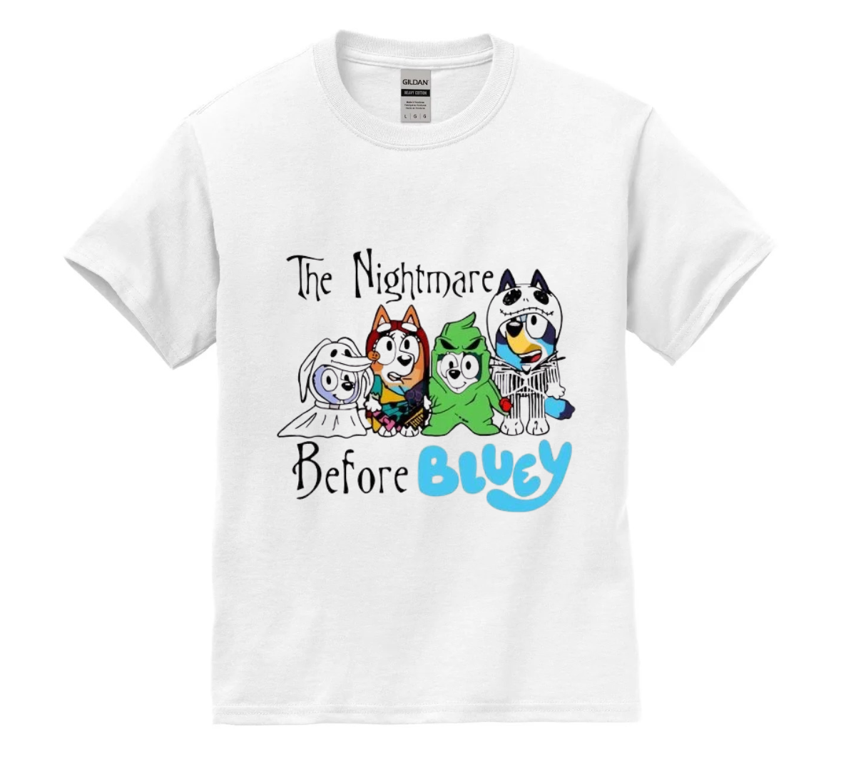 White t-shirt with cartoon Halloween trick or treaters on a white background