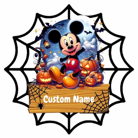 Halloween-themed design with a character surrounded by pumpkins and cobwebs, featuring 'Custom Name' text.