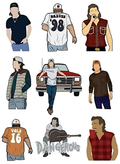 Illustrations of a handsome country artist in different outfits with a truck and guitar.