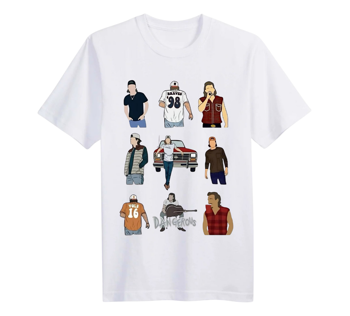 White t-shirt with graphic designs of people and a car on a white background