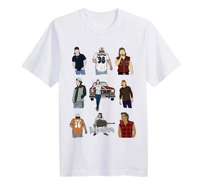 White t-shirt with graphic designs of people and a car on a white background