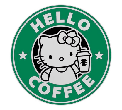 Cat holding a coffee cup with 'HELLO COFFEE' text on a green background