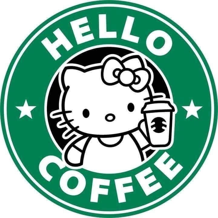 Cat holding a coffee cup with 'HELLO COFFEE' text on a green background