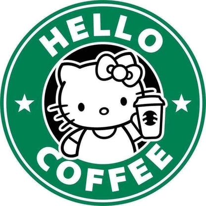 Cat holding a coffee cup with 'HELLO COFFEE' text on a green background