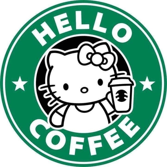 Cat holding a coffee cup with 'HELLO COFFEE' text on a green background