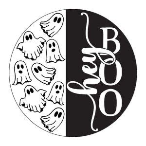 Circular design with ghosts on one half and 'BOO' text on the other, on a white background.