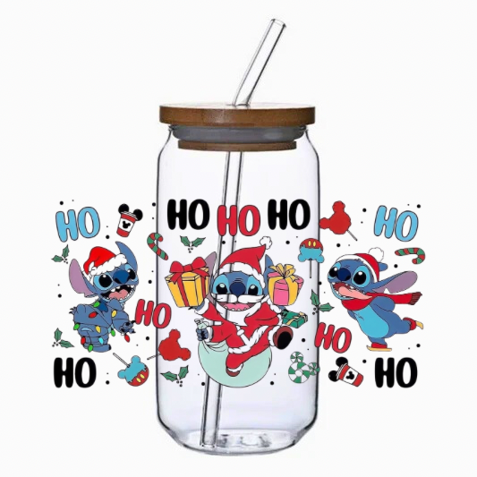 Clear tumbler with cartoon character design and 'HO HO HO' text on a white background
