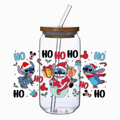 Clear tumbler with cartoon character design and 'HO HO HO' text on a white background