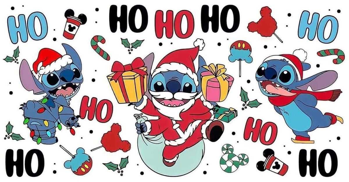 Cartoon character in a Christmas outfit with 'HO HO HO' text and festive elements.