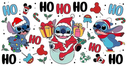 Cartoon character in a Christmas outfit with 'HO HO HO' text and festive elements.