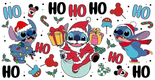 Cartoon character in a Christmas outfit with 'HO HO HO' text and festive elements.