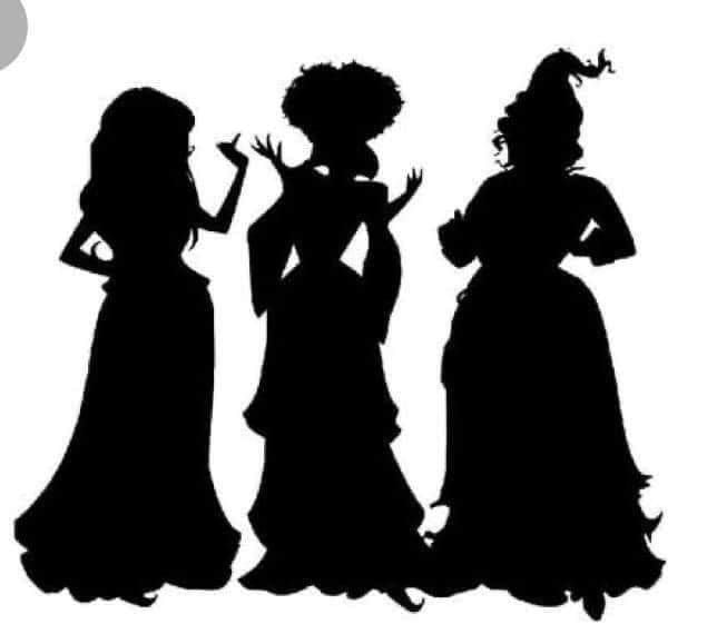 Silhouettes of three women in formal dresses on a white background