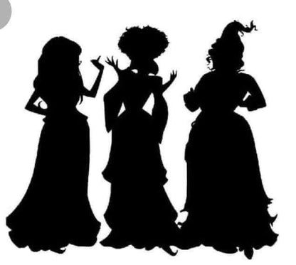 Silhouettes of three women in formal dresses on a white background