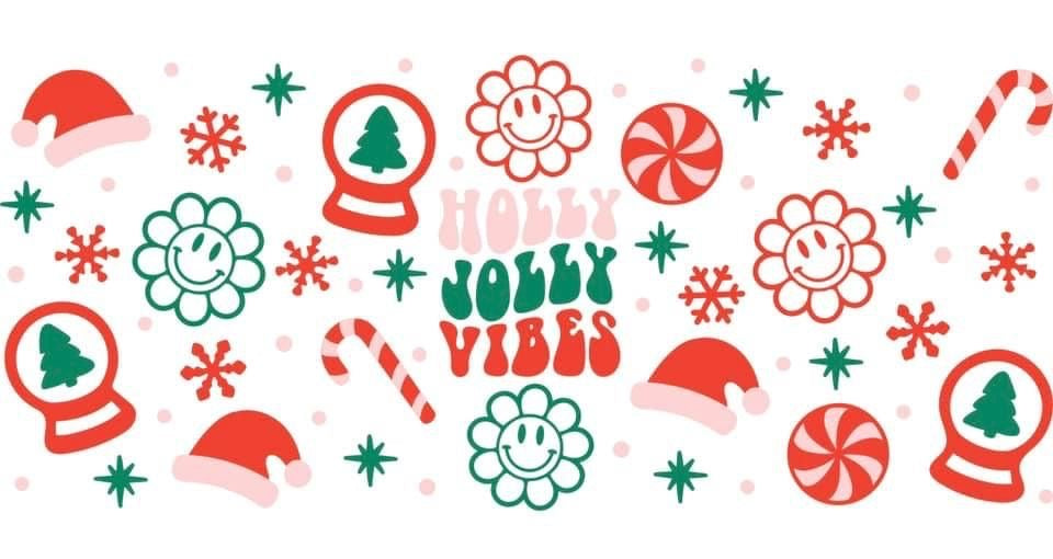 Colorful Christmas-themed design with text 'Holly Holly Vibes' on a white background.