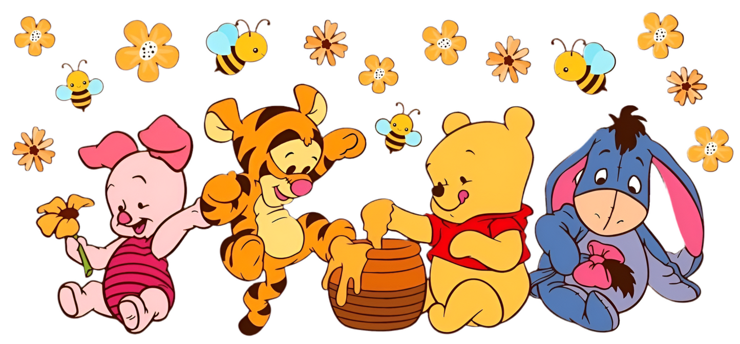 Cartoon characters with flowers and bees on a white background
