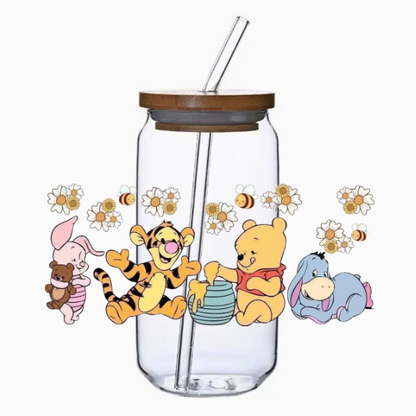Clear tumbler with honey bear and friends design on a white background
