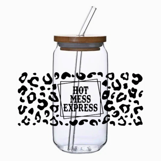 Clear glass tumbler with leopard print and 'Hot Mess Express' text on a white background