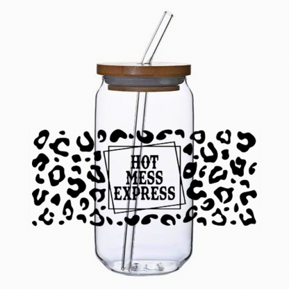 Clear glass tumbler with leopard print and 'Hot Mess Express' text on a white background