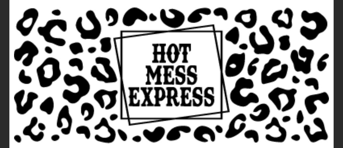 A black and white image of a decorative sticker with a leopard print pattern and the text 'HOT MESS EXPRESS' in bold, white letters.