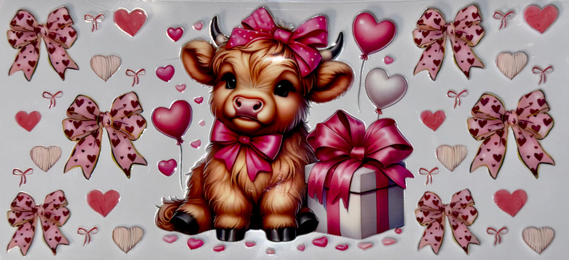 Cute cartoon cow with a pink bow surrounded by hearts, bows, and a gift box on a light gray background.