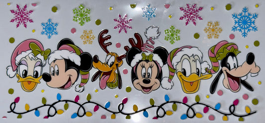 Cartoon characters with Christmas-themed decorations on a white background