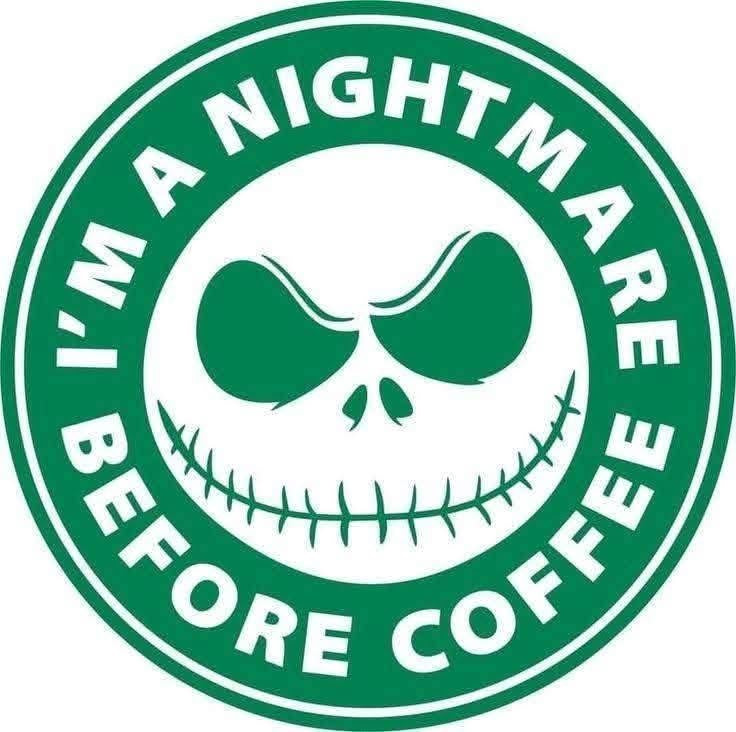 Green circular design with a skull design and text 'I'm a Nightmare Before Coffee' on a white background
