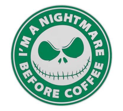 Coffee logo with a ‘I’m a nightmare before coffee’ skull on a green background 