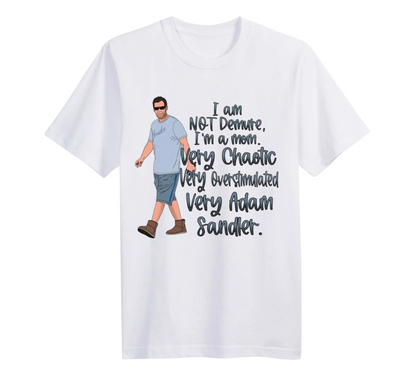White t-shirt with a graphic of a man and humorous text on a white background