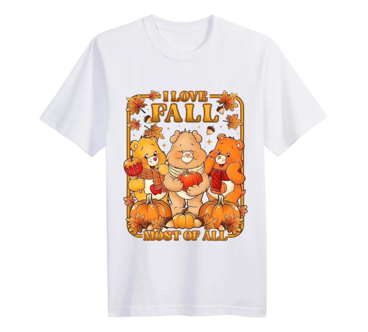 White t-shirt with cartoon bears and fall-themed design on a white background