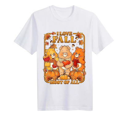 White t-shirt with cartoon bears and fall-themed design on a white background