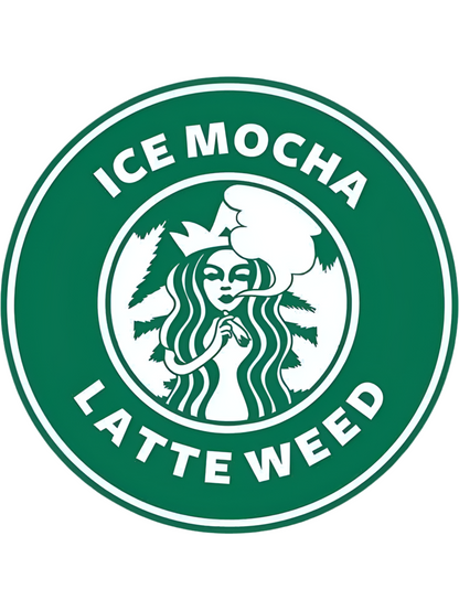 Green logo with text 'Ice Mocha Latte 420' and a stylized figure on a white background