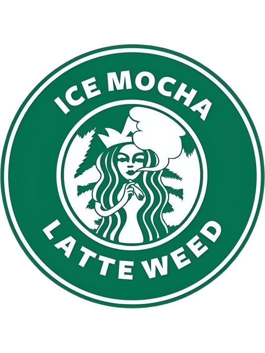 Green logo with text 'Ice Mocha Latte 420' and a stylized figure on a white background