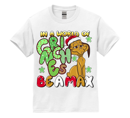 White t-shirt with a cartoon dog and text on a white background