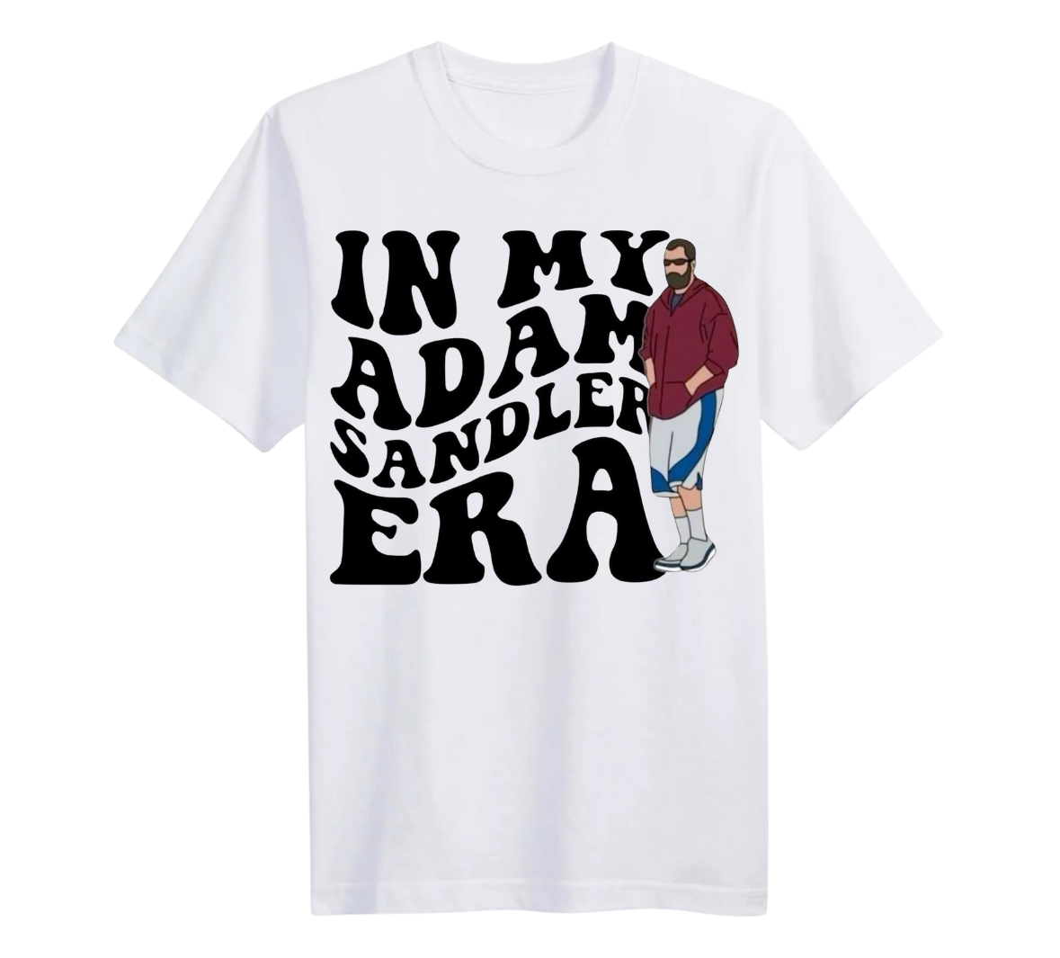 White t-shirt with 'In My Adam Sandler Era' text and graphic of a man on a white background